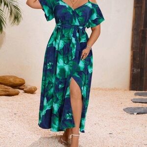 SHEIN Blue and Green A-Line Maxi Skirt with Tie Front